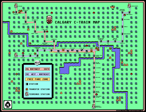 Calgary LRT C-Train Map Mario 3 Style Map Wallpaper Large 2012 davesgeekyideas.com West Line Expanded Stations