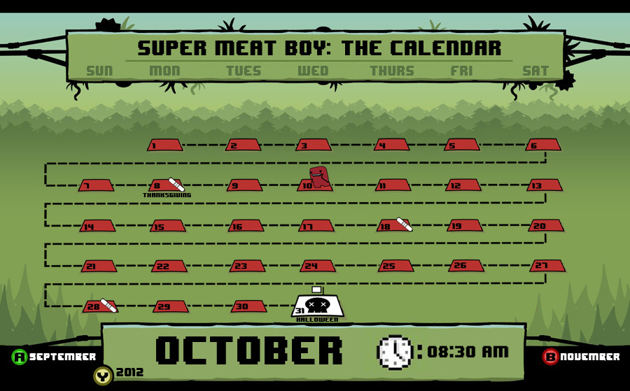 Super Meat Boy Calendar 2012 2013 Dave Delisle davesgeekyideas.com