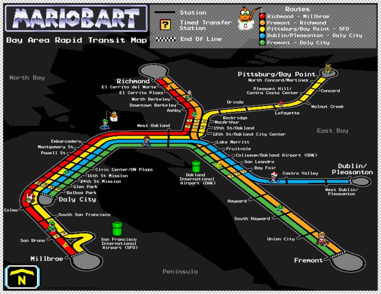 Mario-BART-Map-SF-Oakland-TRAIN-2012-Dave-Delisle-davesgeekyideas BART Map San Francisco Oakland Airport Rail Super Mario Kart Track 2012 Dave Delisle davesgeekyideas.com